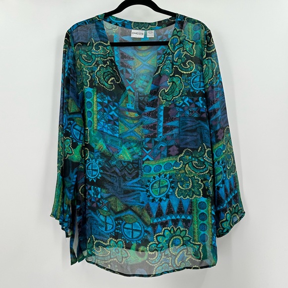 Chico's Tops - Chico’s 100% Silk Sheer V Neck 3/4 Sleeves Colorful Print Top Size 2=Large